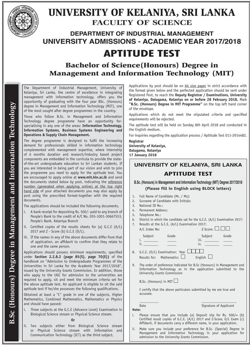 Bachelor of Science (Honours) Degree in Management & Information Technology (MIT) - Department of Industrial Management - University of Kelaniya